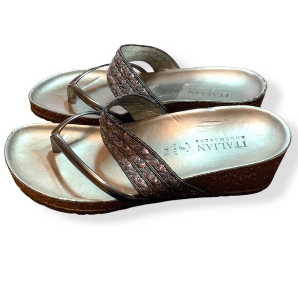 Italian Shoemakers Sandals Slide On Silver Metallic Embroidered Wedge 7.5 Boho - Picture 6 of 9